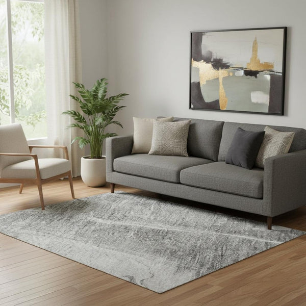 HomeRoots 5' X 8' Modern Gray Silver Charcoal Abstract Area Rug - Washable, UV Protected, Family-Friendly Design 694208