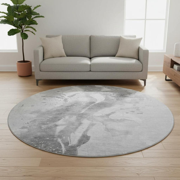 HomeRoots 8' Modern Abstract Round Rug in Gray and Charcoal - Washable, UV Protected, Non-Slip, Durable Design 694209