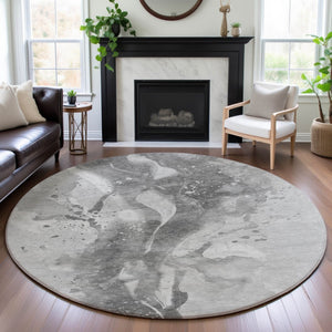 HomeRoots 8' Modern Abstract Round Rug in Gray and Charcoal - Washable, UV Protected, Non-Slip, Durable Design 694209
