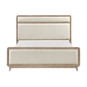 English Elm Modern Queen Bed Upholstered in Beige Chenille with Natural Wood Finish, Elegant Tailored Headboard B011S01721