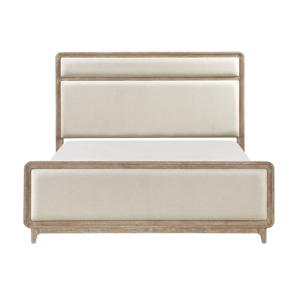 English Elm Modern Queen Bed Upholstered in Beige Chenille with Natural Wood Finish, Elegant Tailored Headboard B011S01721