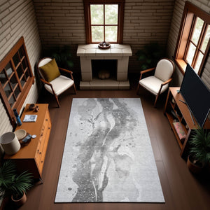HomeRoots 8' Gray Silver Charcoal Abstract Washable Area Rug - Durable, UV Protected, Ideal for High-Traffic Spaces 694210
