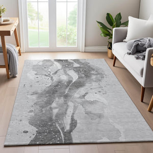 HomeRoots 8' Gray Silver Charcoal Abstract Washable Area Rug - Durable, UV Protected, Ideal for High-Traffic Spaces 694210