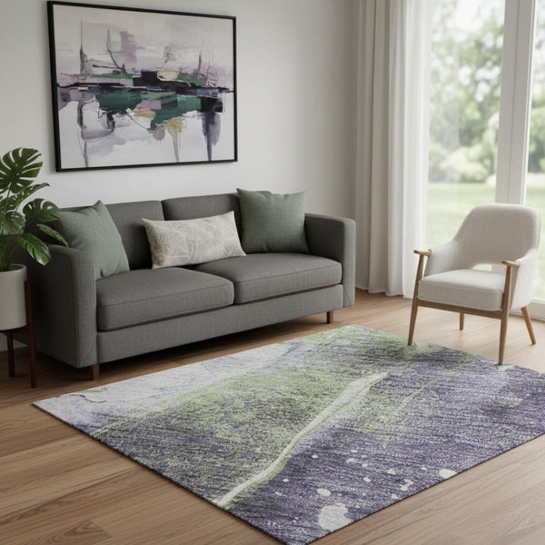HomeRoots 5' Abstract Area Rug in Purple, Green & Ivory - Washable, UV Protected, Stain Resistant, Non-Slip! 694214