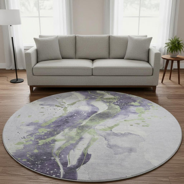 HomeRoots 8' X 8' Abstract Round Rug in Purple, Green & Ivory – Washable, UV-Protected, Family-Friendly Design 694215