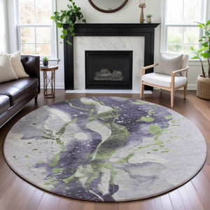 HomeRoots 8' X 8' Abstract Round Rug in Purple, Green & Ivory – Washable, UV-Protected, Family-Friendly Design 694215