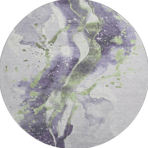 HomeRoots 8' X 8' Abstract Round Rug in Purple, Green & Ivory – Washable, UV-Protected, Family-Friendly Design 694215