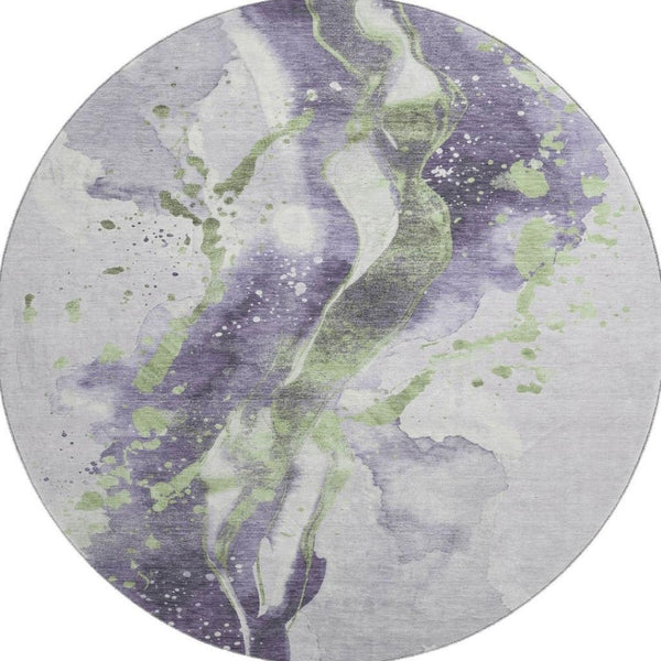 HomeRoots 8' X 8' Abstract Round Rug in Purple, Green & Ivory – Washable, UV-Protected, Family-Friendly Design 694215