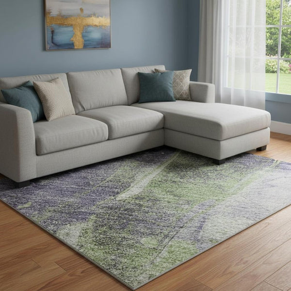 HomeRoots 8' Washable Purple Green Ivory Abstract Area Rug with UV Protection – Perfect for Kids & Pets! 694216