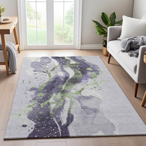 HomeRoots 9' X 12' Abstract Washable Area Rug in Purple, Green & Ivory – Stylish, Durable & UV Protected! 694217