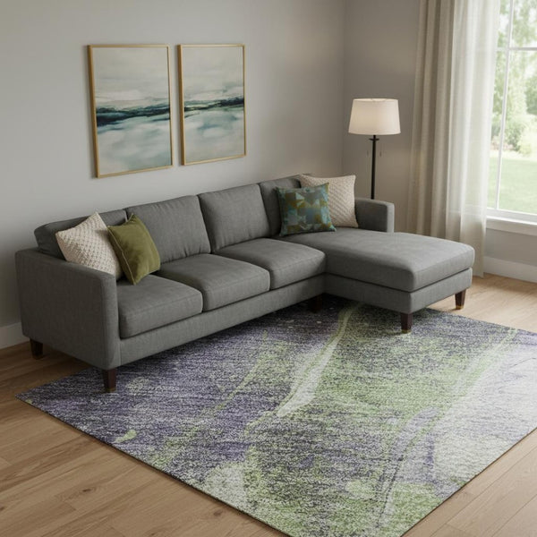 HomeRoots 10' X 14' Abstract Washable Area Rug in Purple, Green & Ivory - UV Protected, Stain Resistant, Durable 694218