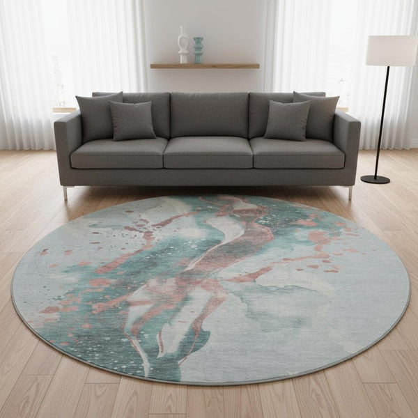 HomeRoots 8' X 8' Modern Teal, Salmon & Ivory Abstract Round Rug with UV Protection for Easy Maintenance 694221