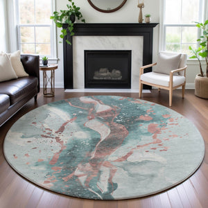 HomeRoots 8' X 8' Modern Teal, Salmon & Ivory Abstract Round Rug with UV Protection for Easy Maintenance 694221