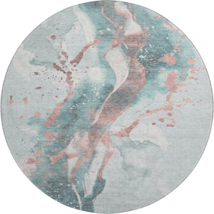 HomeRoots 8' X 8' Modern Teal, Salmon & Ivory Abstract Round Rug with UV Protection for Easy Maintenance 694221
