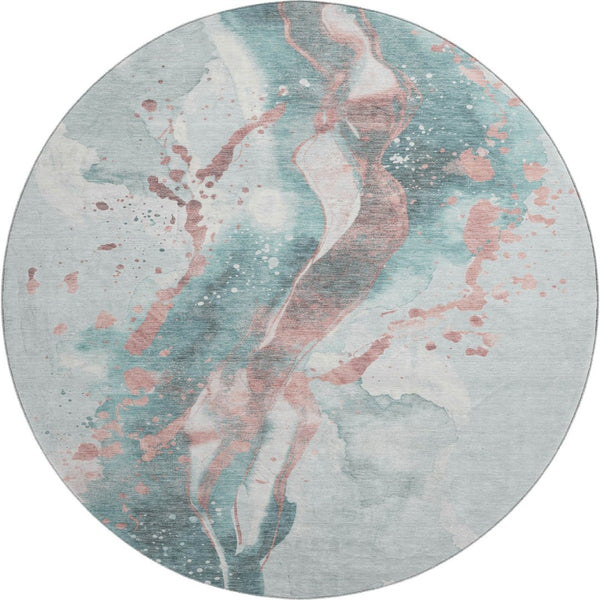 HomeRoots 8' X 8' Modern Teal, Salmon & Ivory Abstract Round Rug with UV Protection for Easy Maintenance 694221