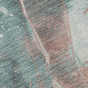 HomeRoots 8' X 8' Modern Teal, Salmon & Ivory Abstract Round Rug with UV Protection for Easy Maintenance 694221