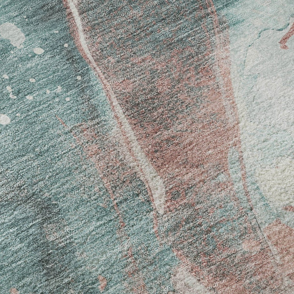 HomeRoots 8' X 8' Modern Teal, Salmon & Ivory Abstract Round Rug with UV Protection for Easy Maintenance 694221