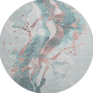 HomeRoots 8' X 8' Modern Teal, Salmon & Ivory Abstract Round Rug with UV Protection for Easy Maintenance 694221