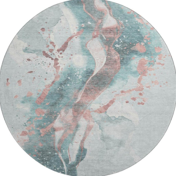HomeRoots 8' X 8' Modern Teal, Salmon & Ivory Abstract Round Rug with UV Protection for Easy Maintenance 694221