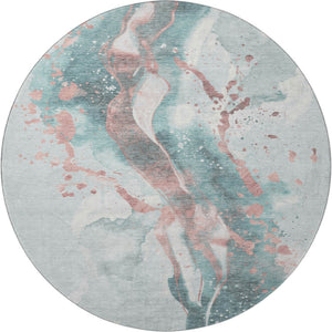 HomeRoots 8' X 8' Modern Teal, Salmon & Ivory Abstract Round Rug with UV Protection for Easy Maintenance 694221