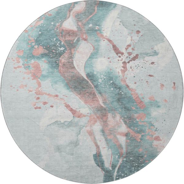HomeRoots 8' X 8' Modern Teal, Salmon & Ivory Abstract Round Rug with UV Protection for Easy Maintenance 694221
