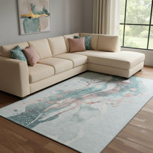 HomeRoots 8' Teal Salmon and Ivory Abstract Area Rug – Washable, UV Protected, Durable for High-Traffic Spaces 694222