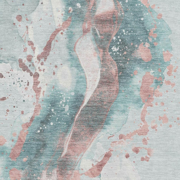 HomeRoots 8' Teal Salmon and Ivory Abstract Area Rug – Washable, UV Protected, Durable for High-Traffic Spaces 694222