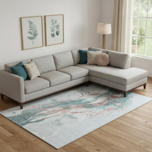 HomeRoots 9' X 12' Contemporary Teal Salmon Ivory Abstract Washable Area Rug with UV Protection & Durability 694223