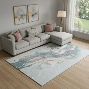 HomeRoots 10' X 14' Teal Salmon Ivory Abstract Area Rug - Durable, Washable, UV-Protected for Modern Spaces 694224