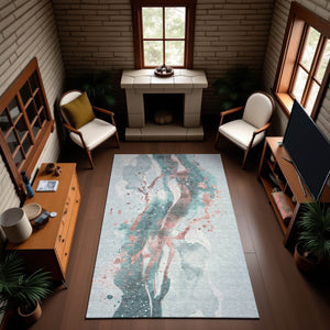 HomeRoots 10' X 14' Teal Salmon Ivory Abstract Area Rug - Durable, Washable, UV-Protected for Modern Spaces 694224