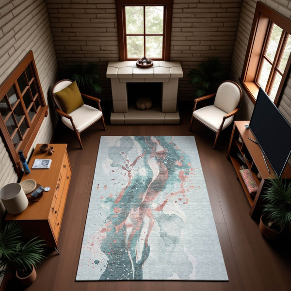 HomeRoots 10' X 14' Teal Salmon Ivory Abstract Area Rug - Durable, Washable, UV-Protected for Modern Spaces 694224