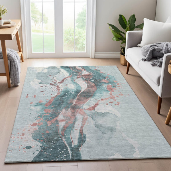 HomeRoots 10' X 14' Teal Salmon Ivory Abstract Area Rug - Durable, Washable, UV-Protected for Modern Spaces 694224