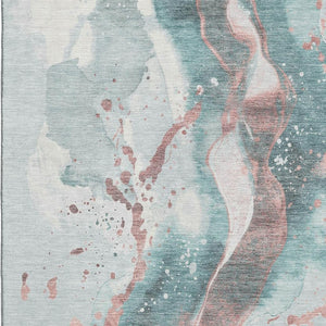 HomeRoots 10' X 14' Teal Salmon Ivory Abstract Area Rug - Durable, Washable, UV-Protected for Modern Spaces 694224