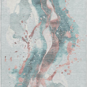 HomeRoots 10' X 14' Teal Salmon Ivory Abstract Area Rug - Durable, Washable, UV-Protected for Modern Spaces 694224