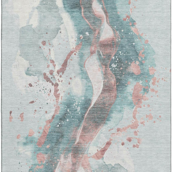 HomeRoots 10' X 14' Teal Salmon Ivory Abstract Area Rug - Durable, Washable, UV-Protected for Modern Spaces 694224
