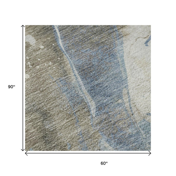 HomeRoots 5' X 8' Stylish Taupe Blue and Ivory Abstract Washable Area Rug with UV Defense & Non-Slip Backing 694226