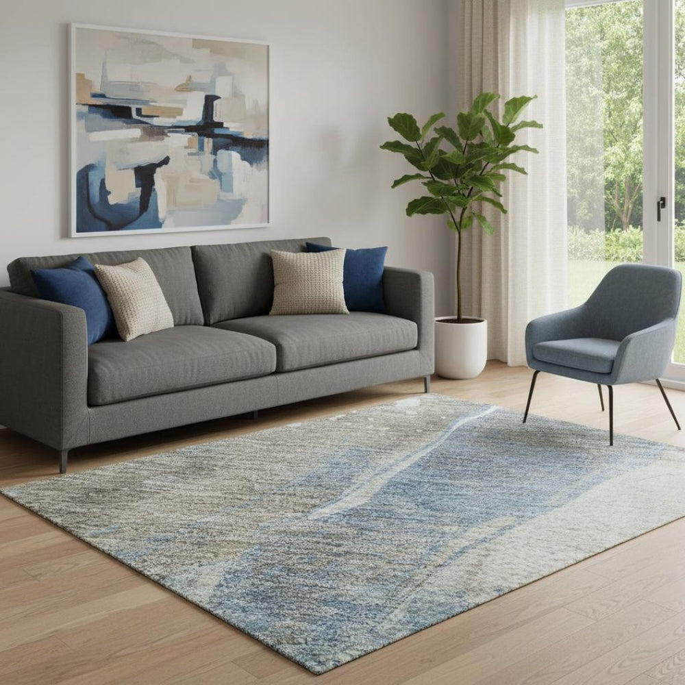 HomeRoots 5' X 8' Stylish Taupe Blue and Ivory Abstract Washable Area Rug with UV Defense & Non-Slip Backing 694226