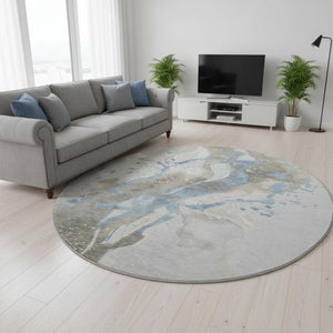 HomeRoots 8' X 8' Abstract Washable Round Rug in Taupe Blue & Ivory - UV Protected, Stain Resistant, Stylish! 694227