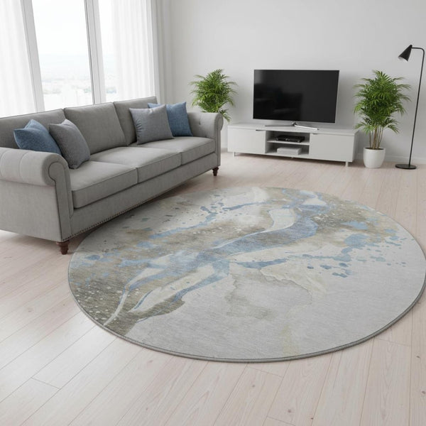 HomeRoots 8' X 8' Abstract Washable Round Rug in Taupe Blue & Ivory - UV Protected, Stain Resistant, Stylish! 694227