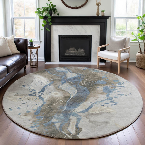 HomeRoots 8' X 8' Abstract Washable Round Rug in Taupe Blue & Ivory - UV Protected, Stain Resistant, Stylish! 694227
