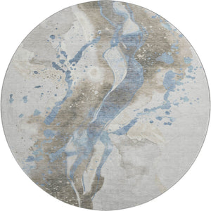 HomeRoots 8' X 8' Abstract Washable Round Rug in Taupe Blue & Ivory - UV Protected, Stain Resistant, Stylish! 694227