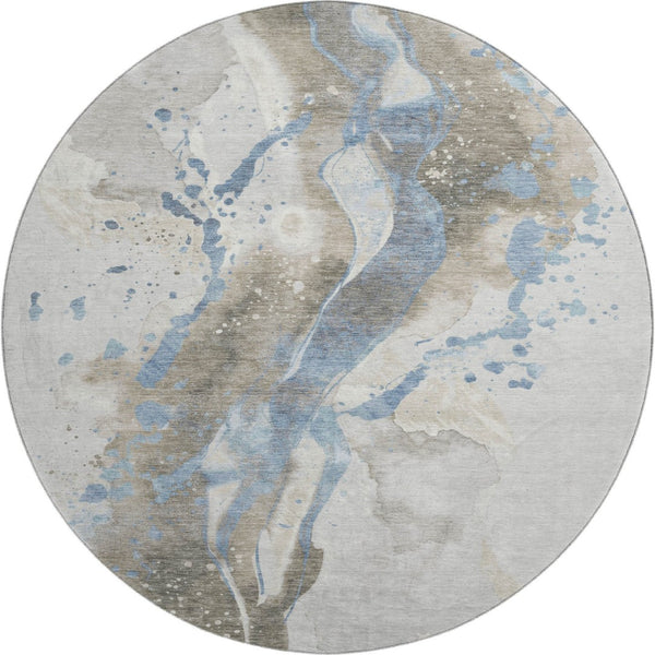 HomeRoots 8' X 8' Abstract Washable Round Rug in Taupe Blue & Ivory - UV Protected, Stain Resistant, Stylish! 694227