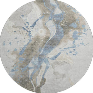 HomeRoots 8' X 8' Abstract Washable Round Rug in Taupe Blue & Ivory - UV Protected, Stain Resistant, Stylish! 694227