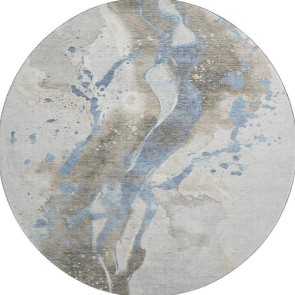 HomeRoots 8' X 8' Abstract Washable Round Rug in Taupe Blue & Ivory - UV Protected, Stain Resistant, Stylish! 694227