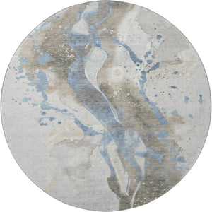 HomeRoots 8' X 8' Abstract Washable Round Rug in Taupe Blue & Ivory - UV Protected, Stain Resistant, Stylish! 694227