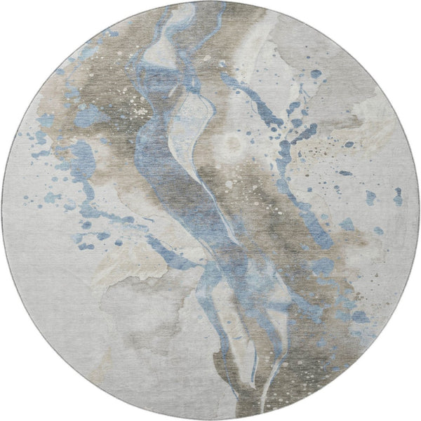 HomeRoots 8' X 8' Abstract Washable Round Rug in Taupe Blue & Ivory - UV Protected, Stain Resistant, Stylish! 694227