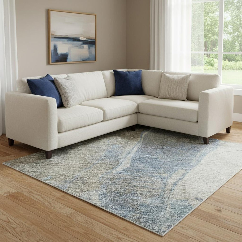 HomeRoots 8' Modern Abstract Area Rug in Taupe, Blue & Ivory – Washable, UV Protected, Durable for Homes 694228