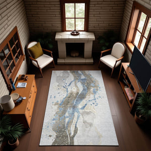 HomeRoots 9' X 12' Abstract Washable Area Rug in Taupe, Blue & Ivory - Stain Resistant & UV Protected! 694229