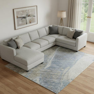 HomeRoots 10' X 14' Abstract Area Rug in Taupe, Blue & Ivory - Washable, UV-Protected, Stain-Resistant Design 694230