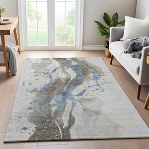 HomeRoots 10' X 14' Abstract Area Rug in Taupe, Blue & Ivory - Washable, UV-Protected, Stain-Resistant Design 694230